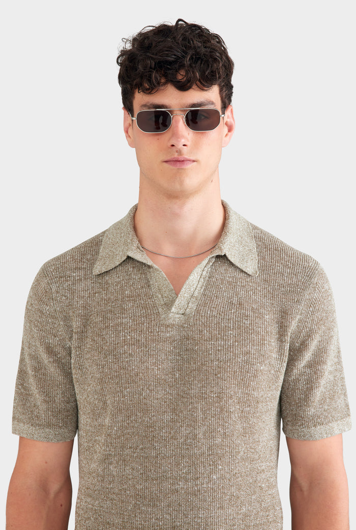 Rib Knit Open Neck Polo - Olive Marl