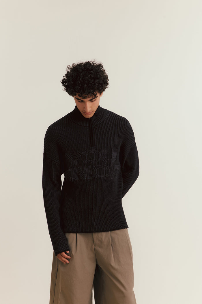 Rib Knit Quarter Zip | Black
