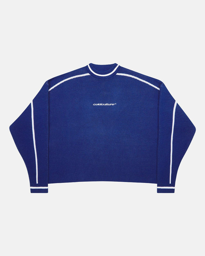 ROLLER KNIT BLUE - blue varsity knit sweater, front view - Cold Culture
