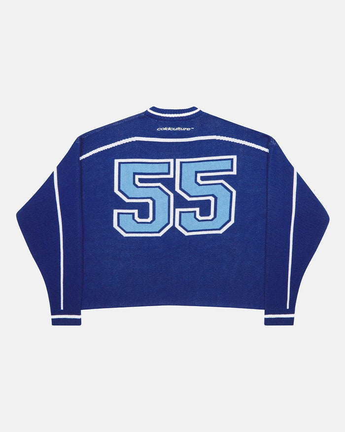 ROLLER KNIT BLUE - blue varsity knit sweater, back view - Cold Culture