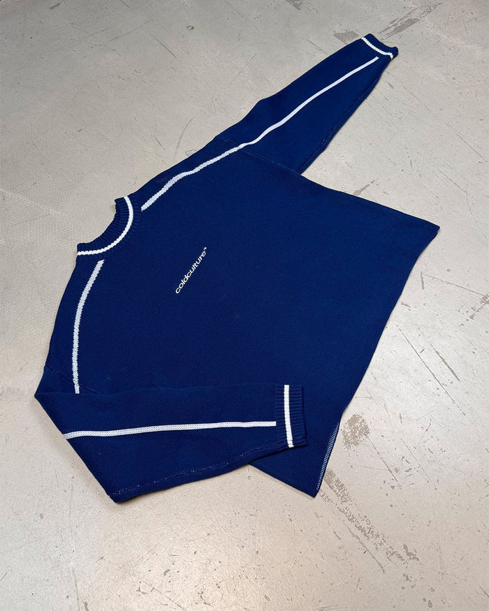 ROLLER KNIT BLUE - blue varsity knit sweater, flat lay - Cold Culture
