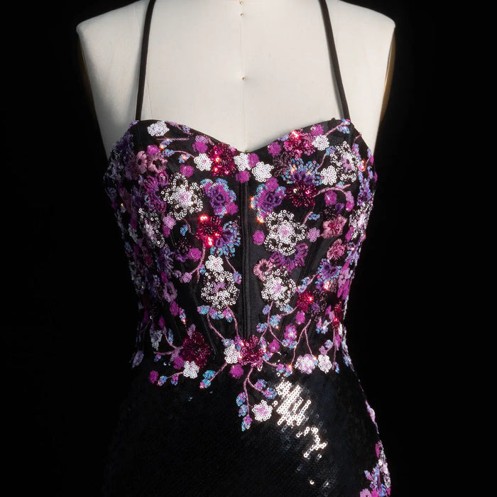 Romantic Black Full Sequin Multi-Tone Rhinestone Flower Fitted Prom Dress SH186 Sheer Fairy
