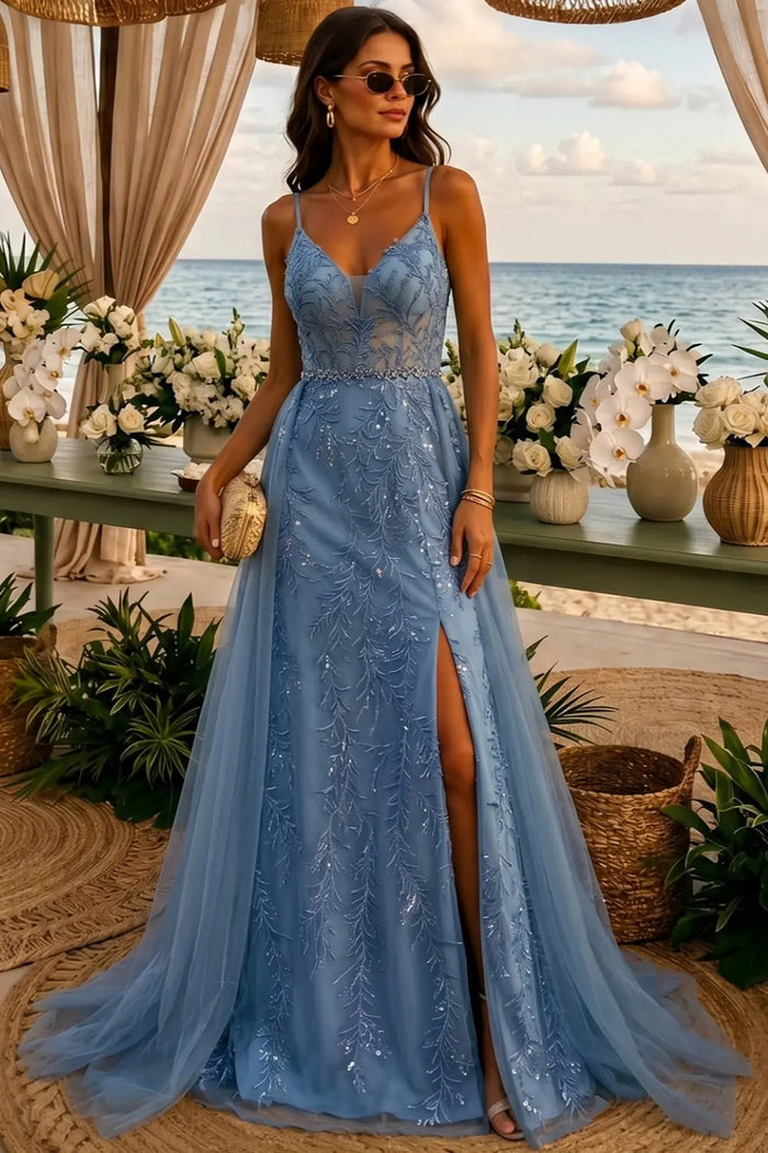 Romantic Blue Sheer Bodice Prom Dress with Train SH191 Sheer Fairy