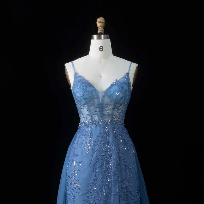 Romantic Blue Sheer Bodice Prom Dress with Train SH191 Sheer Fairy