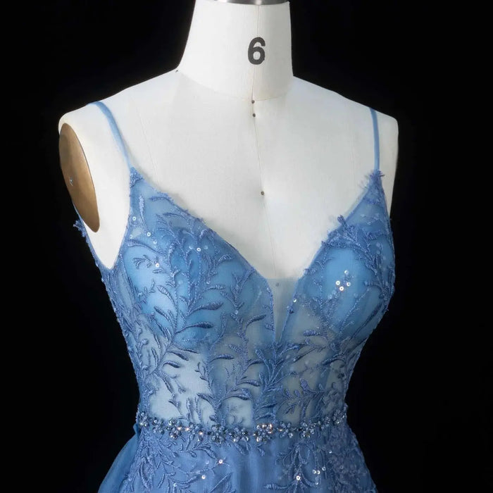 Romantic Blue Sheer Bodice Prom Dress with Train SH191 Sheer Fairy