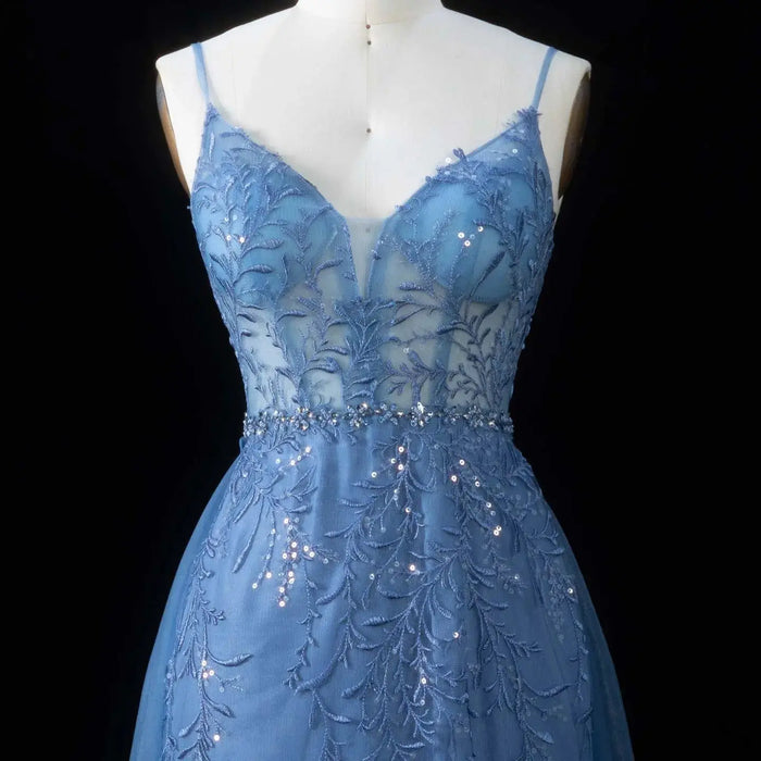 Romantic Blue Sheer Bodice Prom Dress with Train SH191 Sheer Fairy