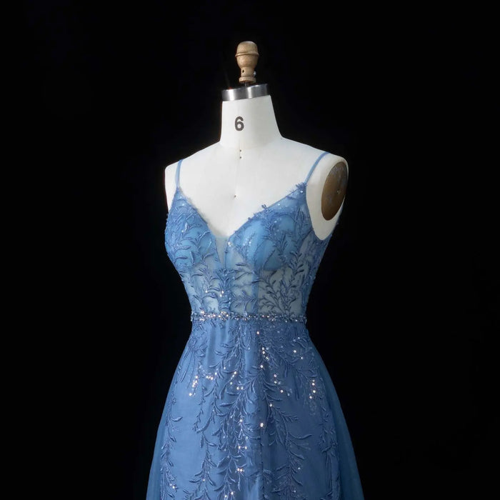 Romantic Blue Sheer Bodice Prom Dress with Train SH191 Sheer Fairy