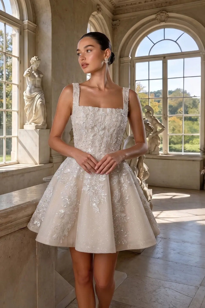 Romantic Champagne Lace Wedding Dress with Tulle Skirt SW725 Sheer Fairy