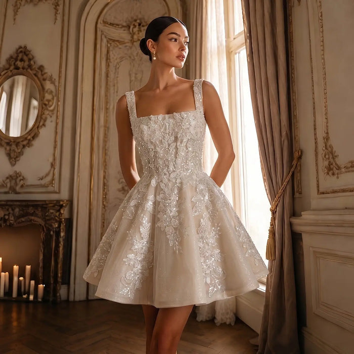 Romantic Champagne Lace Wedding Dress with Tulle Skirt SW725 Sheer Fairy