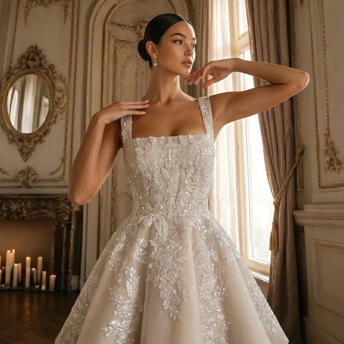 Romantic Champagne Lace Wedding Dress with Tulle Skirt SW725 Sheer Fairy