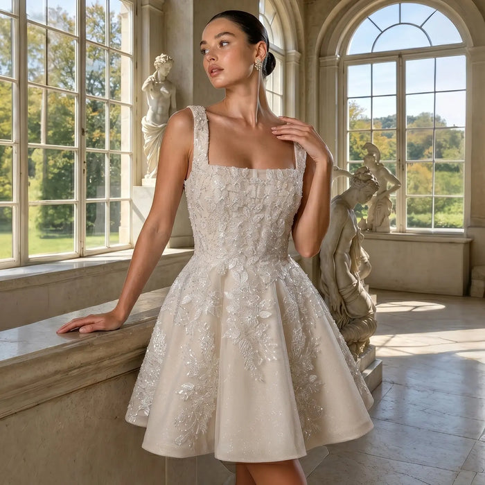 Romantic Champagne Lace Wedding Dress with Tulle Skirt SW725 Sheer Fairy
