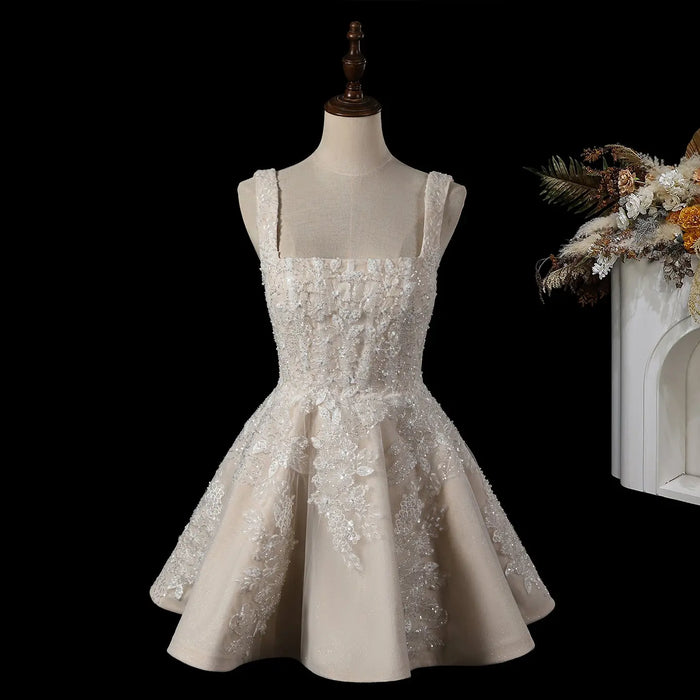Romantic Champagne Lace Wedding Dress with Tulle Skirt SW725 Sheer Fairy