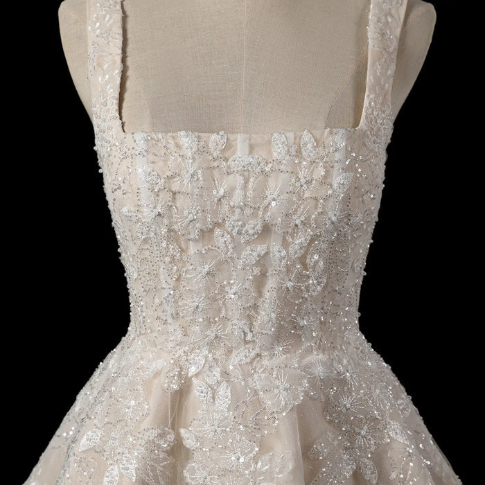 Romantic Champagne Lace Wedding Dress with Tulle Skirt SW725 Sheer Fairy
