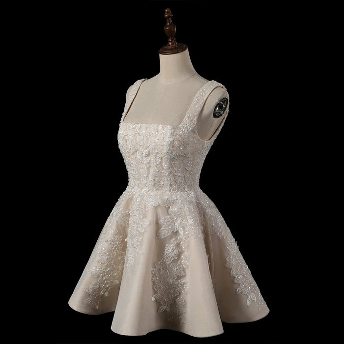 Romantic Champagne Lace Wedding Dress with Tulle Skirt SW725 Sheer Fairy