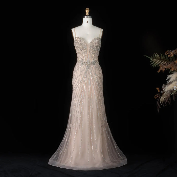 Romantic Champagne Spaghetti Strap All Over Stream Crystal Prom Dress SH194 Sheer Fairy