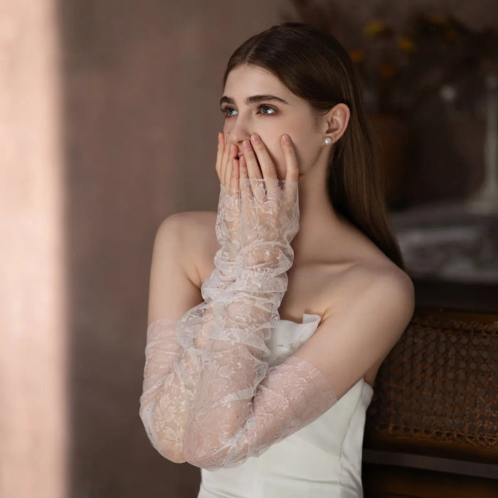 Romantic Floral Lace Ruched Fingerless Opera Gloves White Bride Wedding Evening Party Accessories GL008 SHEER FAIRY