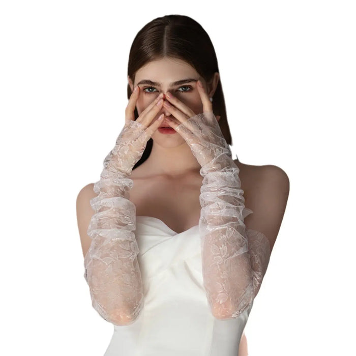 Romantic Floral Lace Ruched Fingerless Opera Gloves White Bride Wedding Evening Party Accessories GL008 SHEER FAIRY