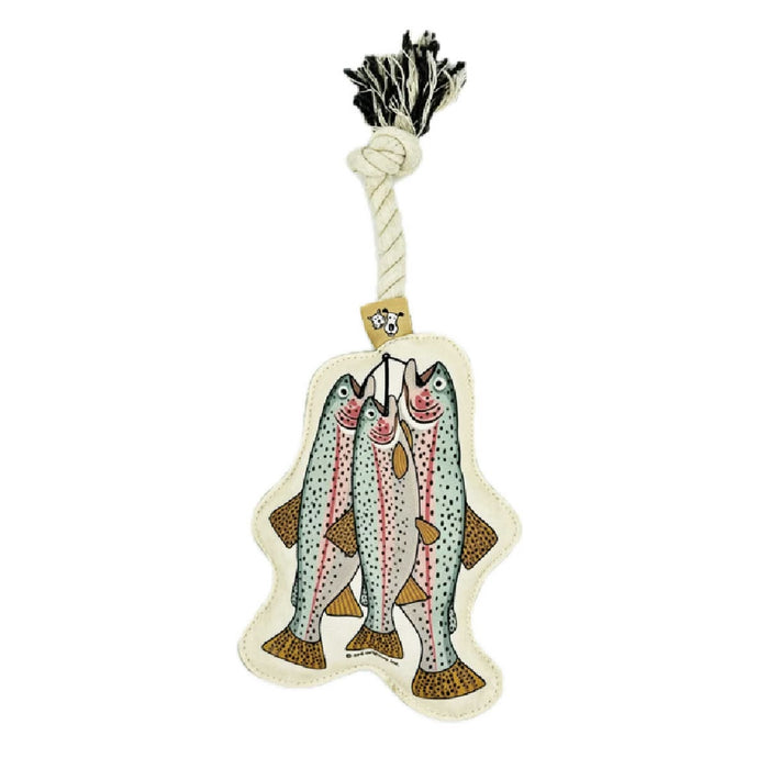 Dog toy with fish design and rope handle on a white background