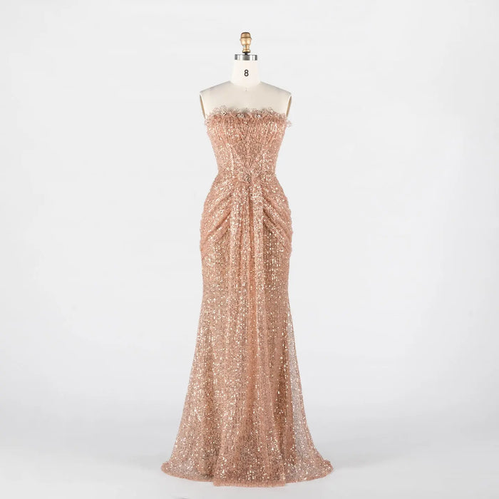 Rose Gold Sequin Strapless Draped Column Mermaid Evening Gown ST017 Sheer Fairy