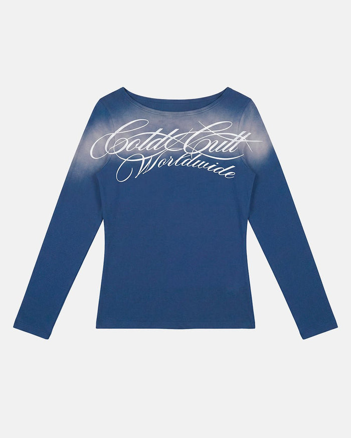 ROUGH LONGSLEEVE TEE BLUE - blue script print longsleeve tee, front view - Cold Culture