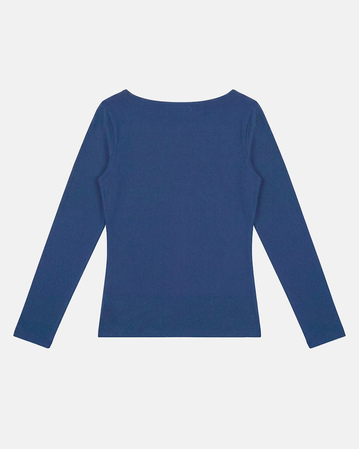 ROUGH LONGSLEEVE TEE BLUE - blue script print longsleeve tee, back view - Cold Culture
