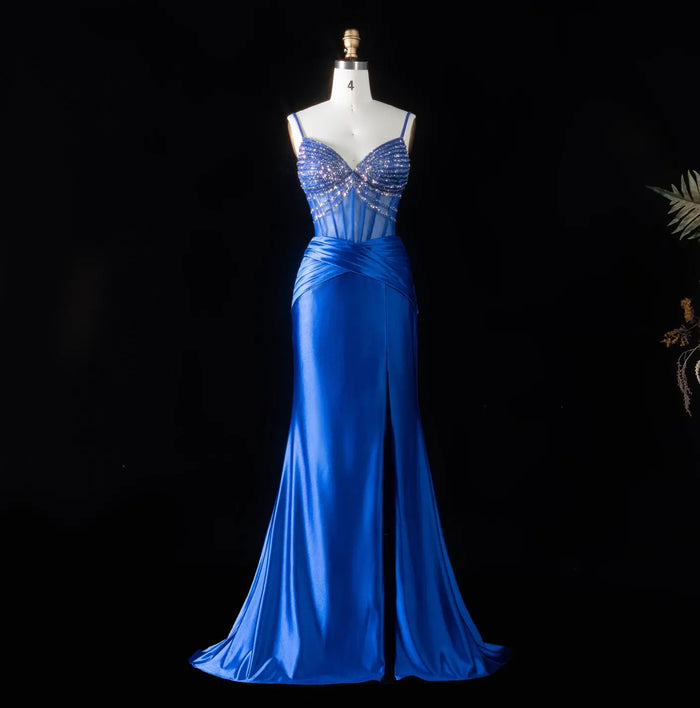 Royal Blue Satin Mermaid Prom Dress Spaghetti Strap Luxury Beaded  with High Slit Gown SH095 Sheer Fairy