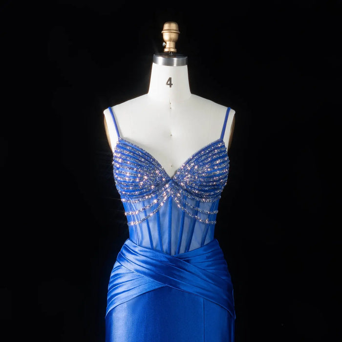 Royal Blue Satin Mermaid Prom Dress Spaghetti Strap Luxury Beaded  with High Slit Gown SH095 Sheer Fairy