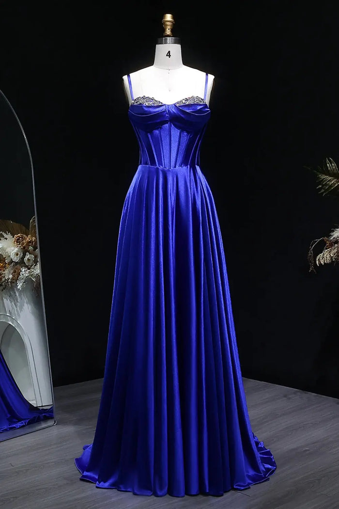 Royal Blue Satin Spaghetti Strap A-Line Prom Dress with Beaded Neckline SH145 Sheer Fairy