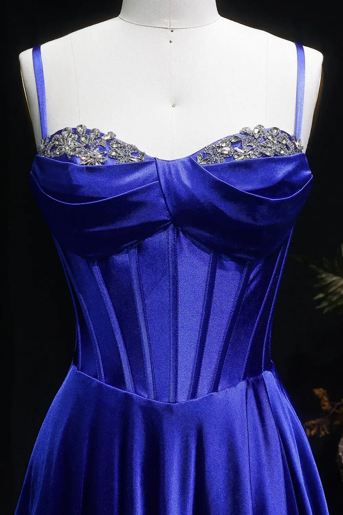 Royal Blue Satin Spaghetti Strap A-Line Prom Dress with Beaded Neckline SH145 Sheer Fairy