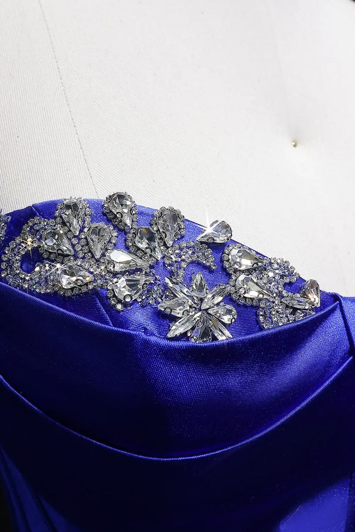 Royal Blue Satin Spaghetti Strap A-Line Prom Dress with Beaded Neckline SH145 Sheer Fairy