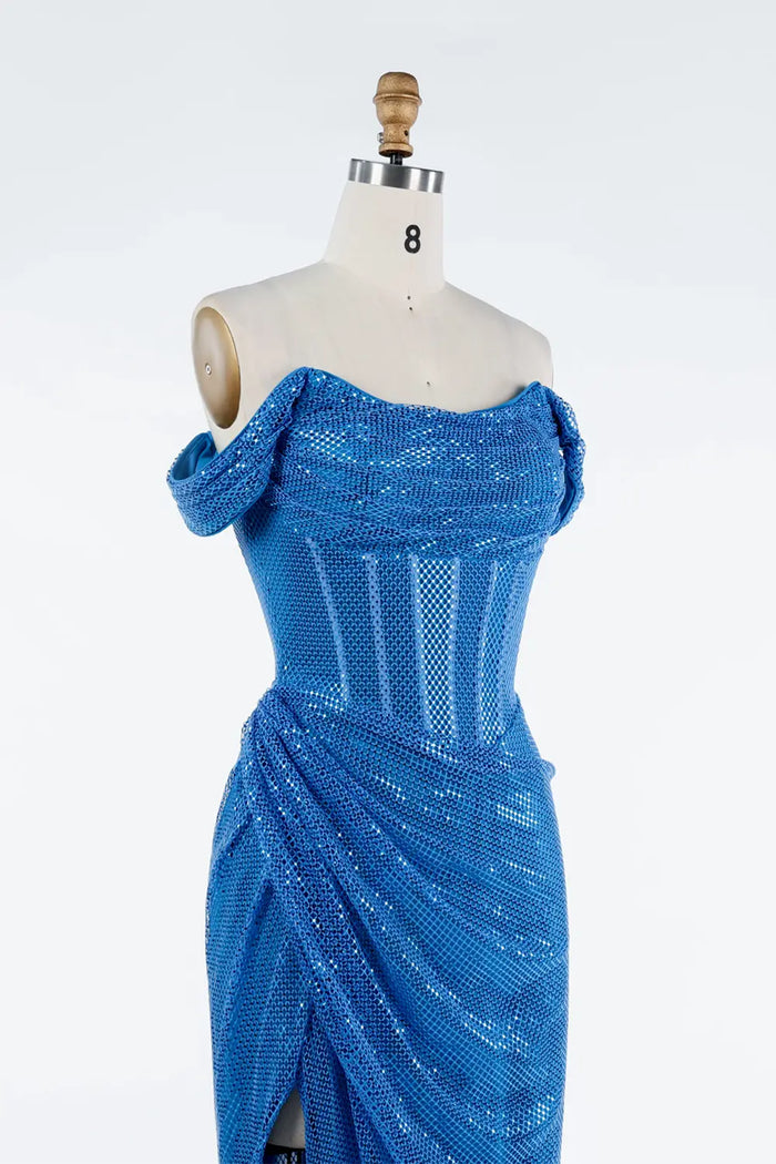 Royal Blue Sequin Off Shoulder Corset High Slit Maxi Evening Dress ST034 Sheer Fairy