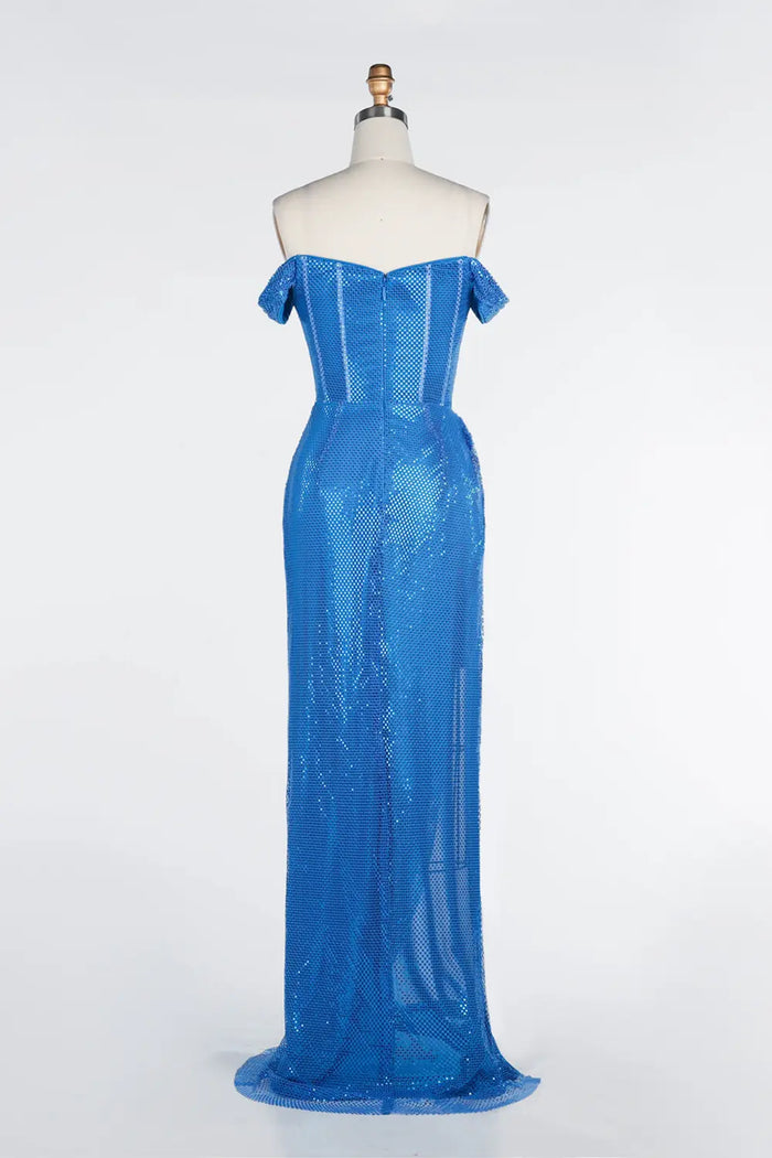 Royal Blue Sequin Off Shoulder Corset High Slit Maxi Evening Dress ST034 Sheer Fairy