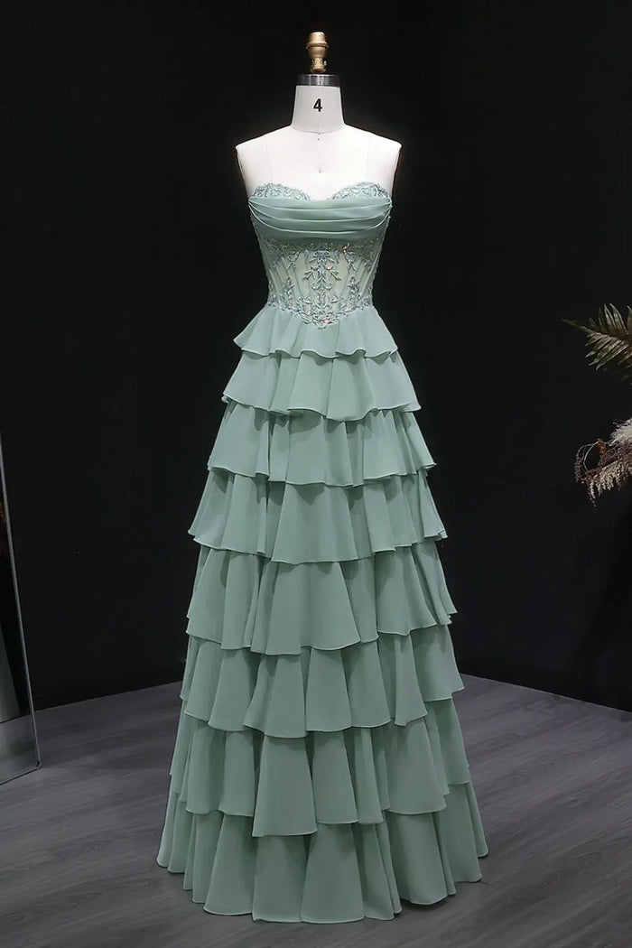 Sage Green Floral Appliqué Tiered Chiffon Prom Dress SH057 Sheer Fairy