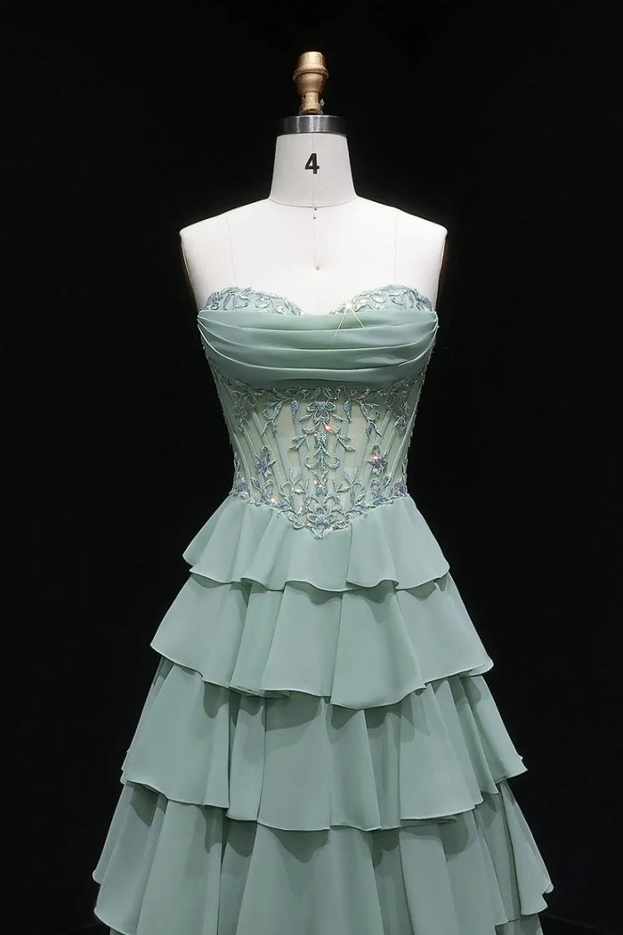 Sage Green Floral Appliqué Tiered Chiffon Prom Dress SH057 Sheer Fairy