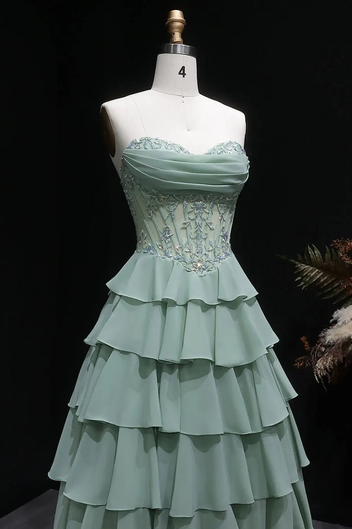 Sage Green Floral Appliqué Tiered Chiffon Prom Dress SH057 Sheer Fairy