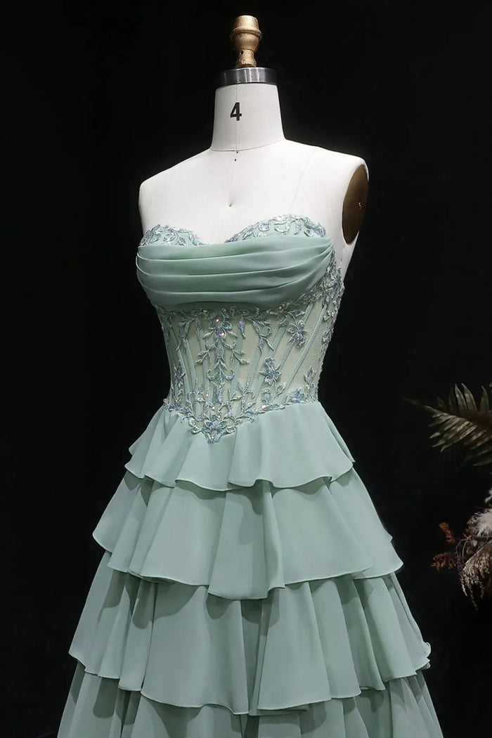 Sage Green Floral Appliqué Tiered Chiffon Prom Dress SH057 Sheer Fairy