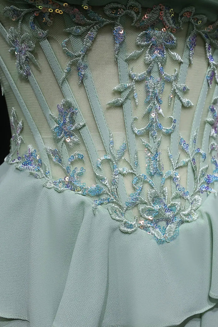 Sage Green Floral Appliqué Tiered Chiffon Prom Dress SH057 Sheer Fairy