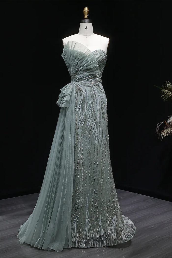 Sage Green One-Shoulder Beaded Tulle Mermaid Prom Dress Evening Gown with Ruffle SH064 Sheer Fairy