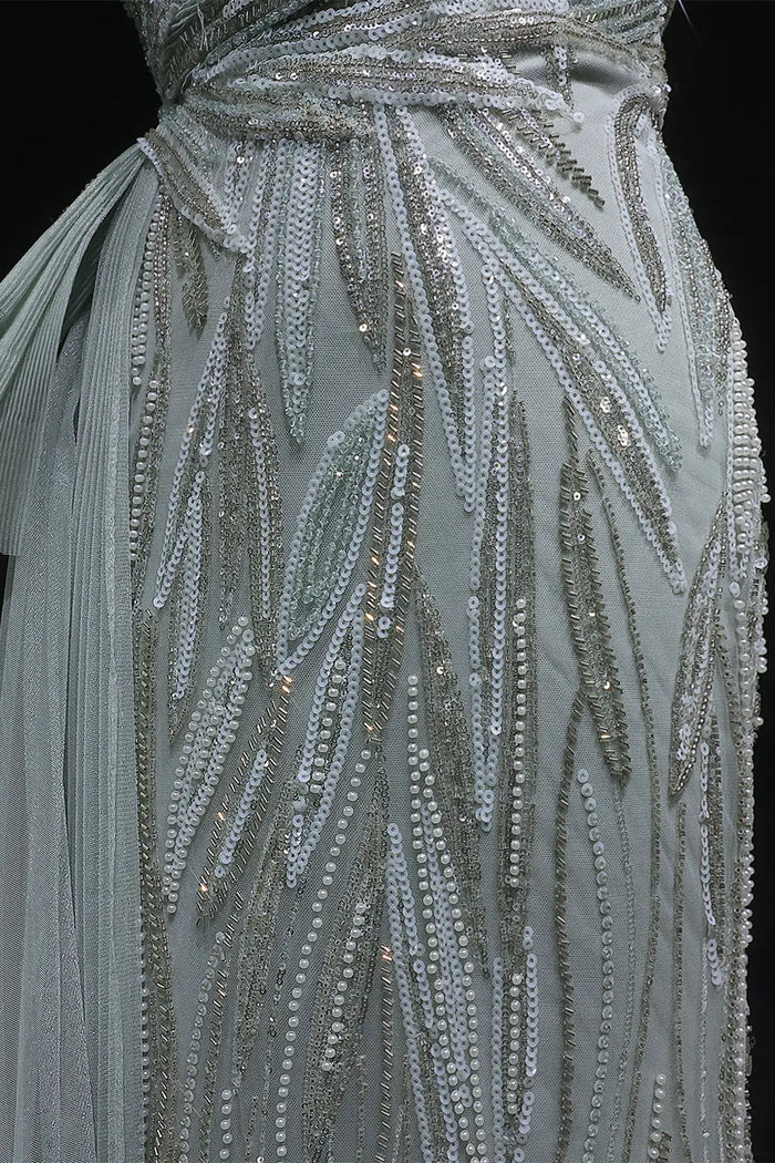 Sage Green One-Shoulder Beaded Tulle Mermaid Prom Dress Evening Gown with Ruffle SH064 Sheer Fairy