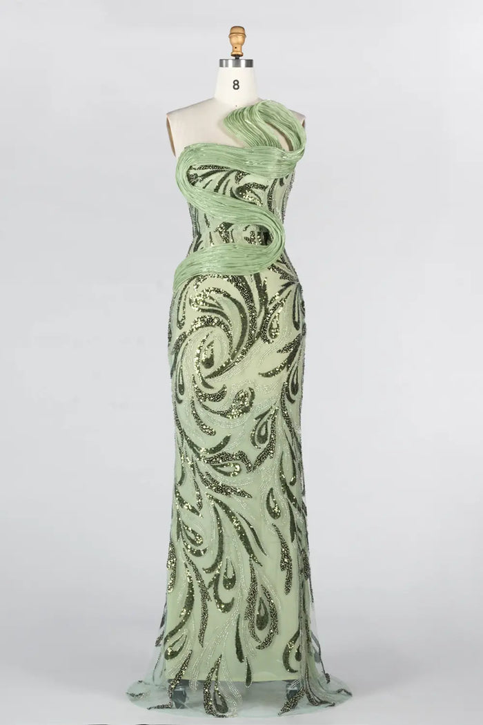Sage Green Sculpted Bodice Embellished Mermaid Evening Gown ST018 Sheer Fairy