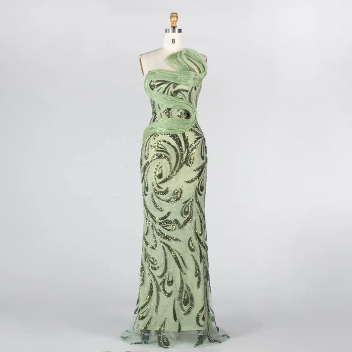 Sage Green Sculpted Bodice Embellished Mermaid Evening Gown ST018 Sheer Fairy