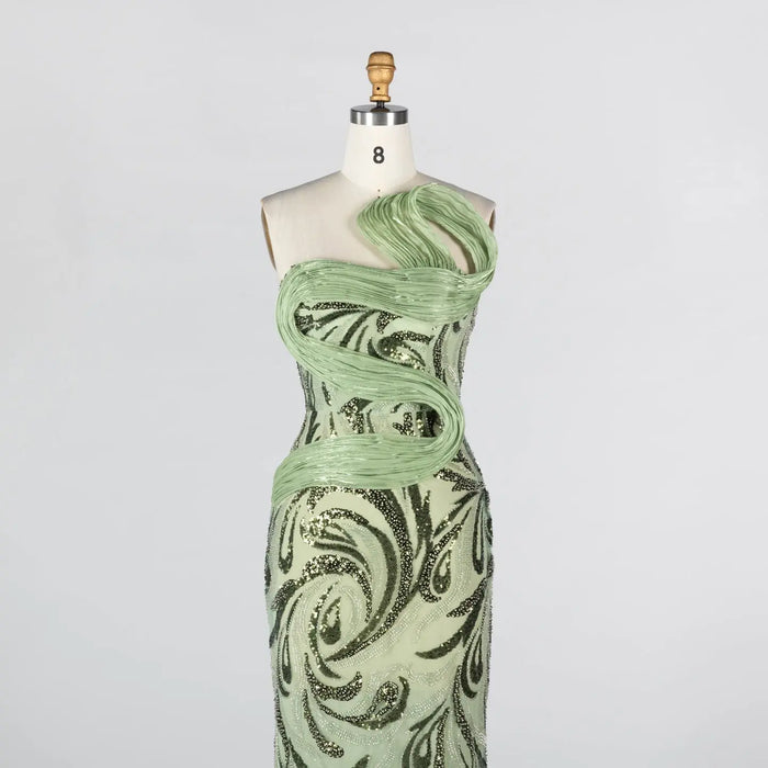Sage Green Sculpted Bodice Embellished Mermaid Evening Gown ST018 Sheer Fairy