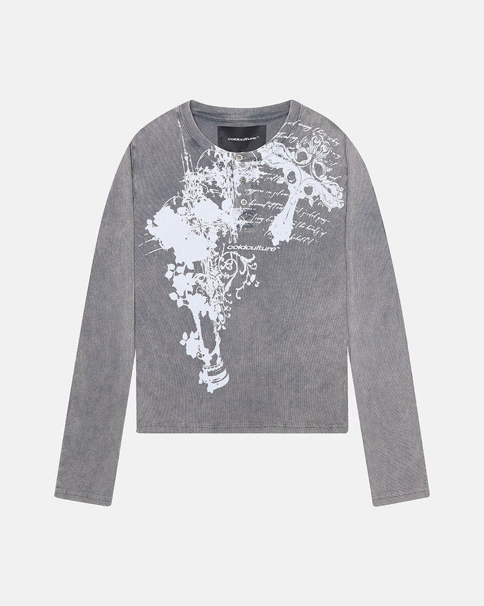 SAINTLESS LONGSLEEVE GREY - grey graphic print longsleeve tee, front view - Cold Culture