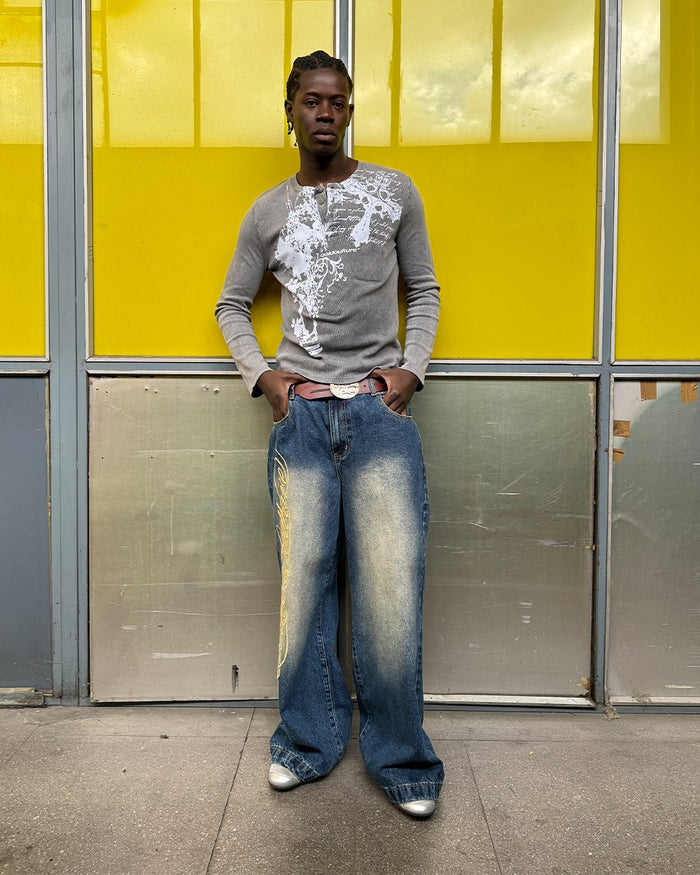 SAINTLESS LONGSLEEVE GREY - grey graphic print longsleeve tee, street style shot - Cold Culture