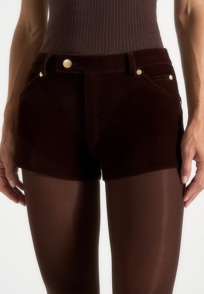 samia-velvet-patent-mini-shorts-brown