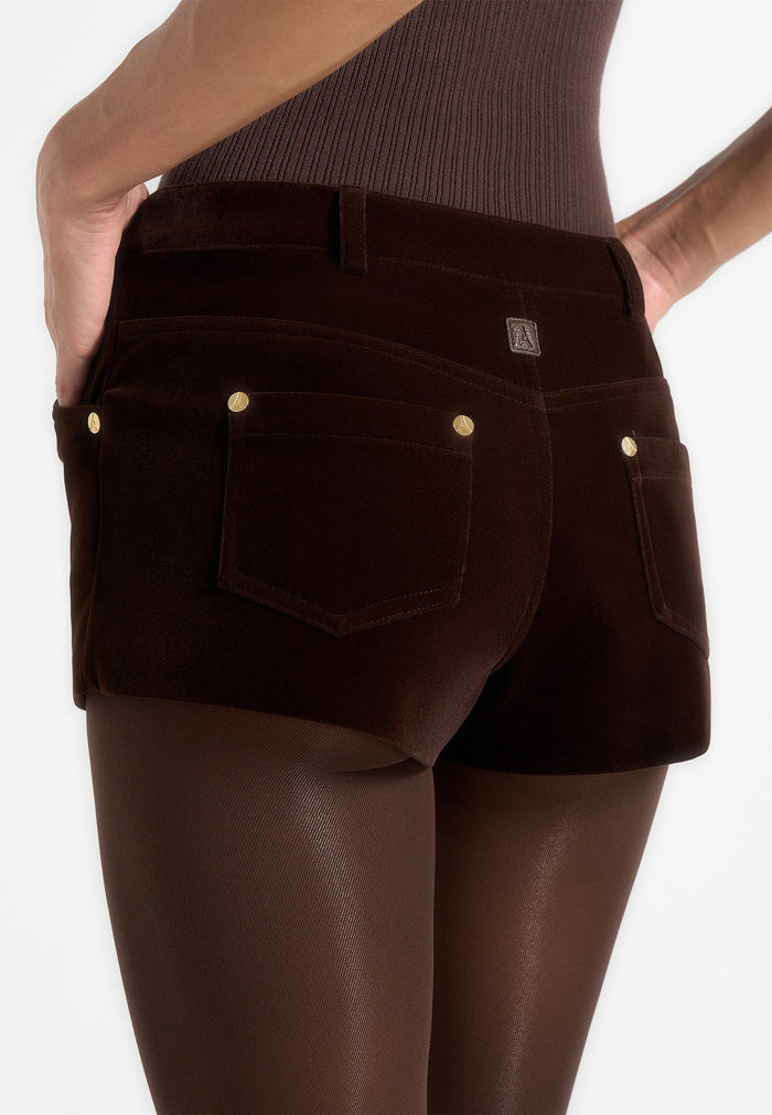 samia-velvet-patent-mini-shorts-brown