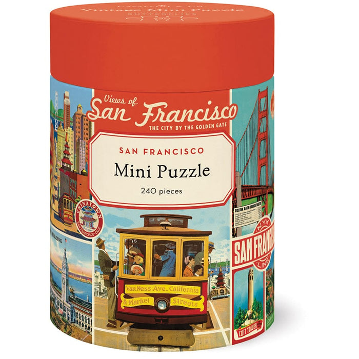 cylindrical puzzle box with San Francisco-themed illustrations and text