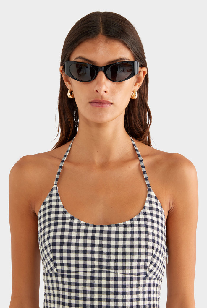 Scoop Neck Halter Mini Dress - Navy/Cream Gingham - XS