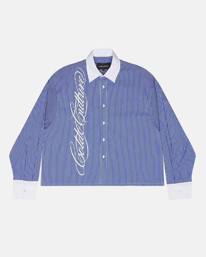 SCRIPT SHIRT BLUE & WHITE - blue striped long sleeve shirt, front view - Cold Culture