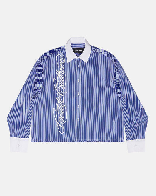 SCRIPT SHIRT BLUE & WHITE - blue striped long sleeve shirt, front view - Cold Culture